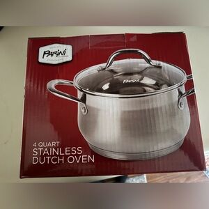 New never opened 4 quart stainless steel Dutch oven with glass lid